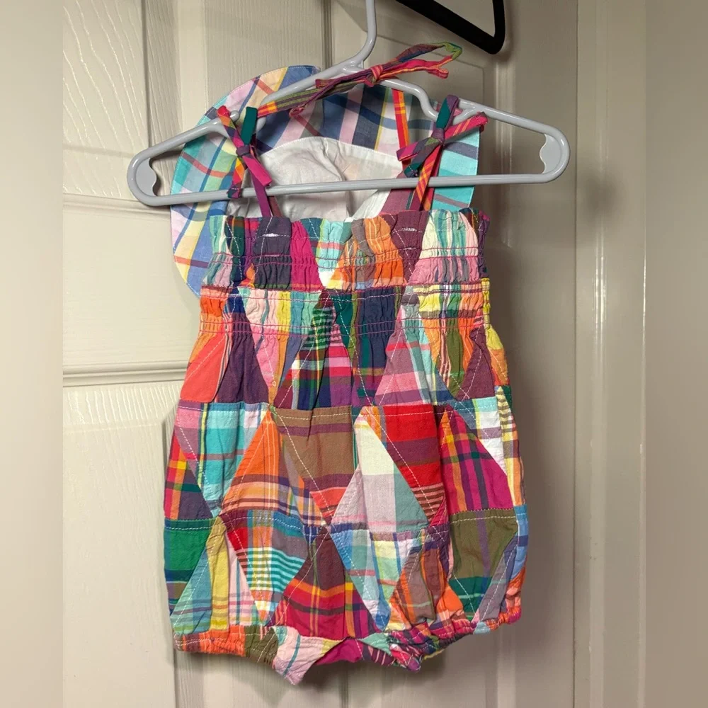 NWT Polo Ralph Lauren Baby Girl’s Madras Bubble Shortall & Hat Set Summer Preppy